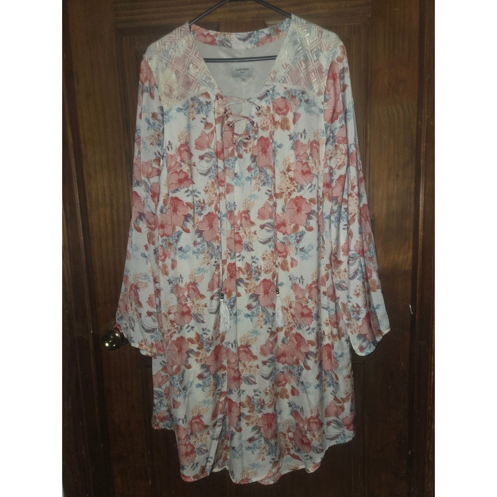 Haute Hippie Tribe Womens 1X Floral Lace-Up Boho Tunic Dress High Low Peach Blue - Picture 2 of 5